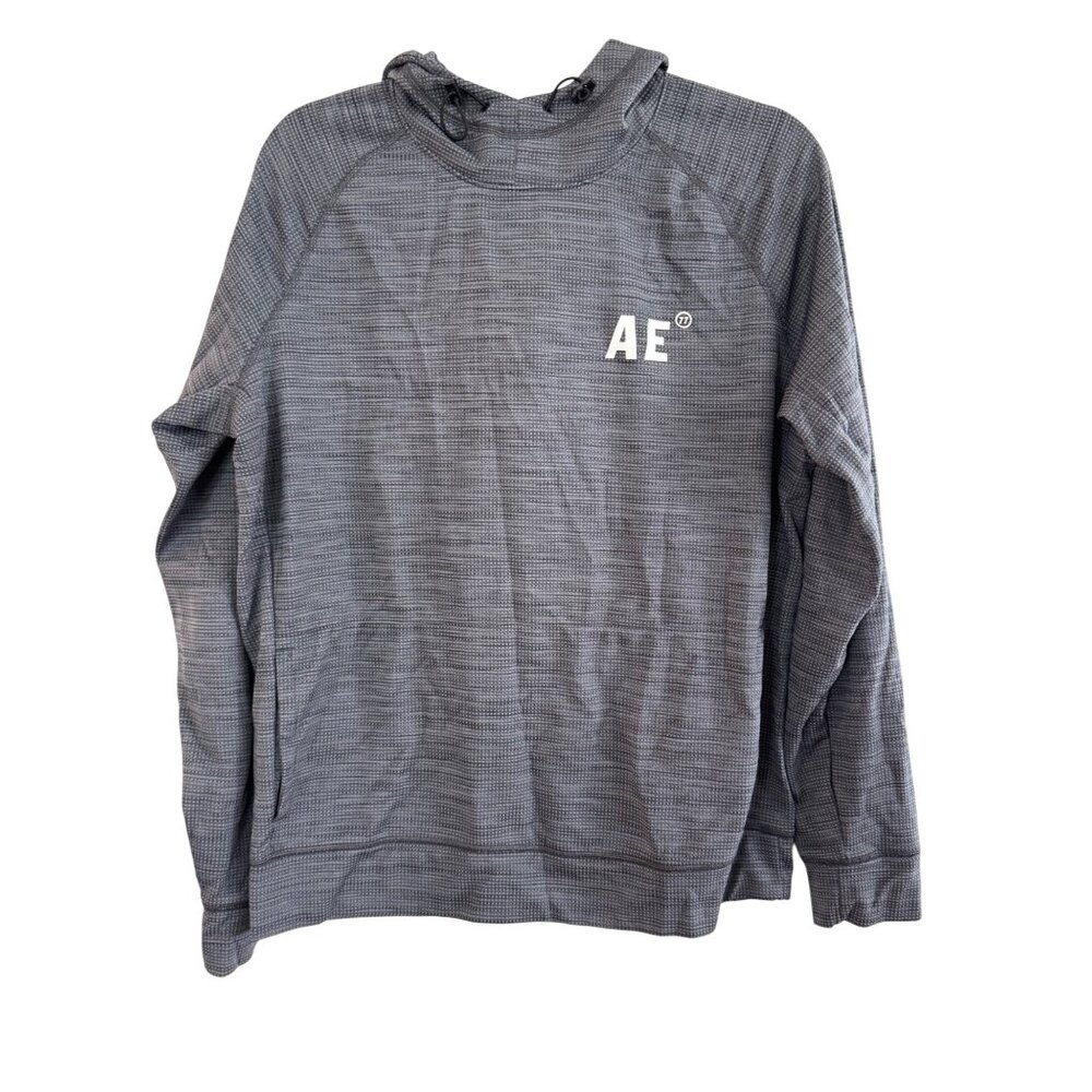 American Eagle Flex Hoodie M Gray Polyester Lightweight Pullover With Logo On Sl
